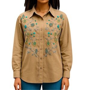 NWT 1X Cynthia Bradley Button Down Long Sleeve Top with Bead Embellishment